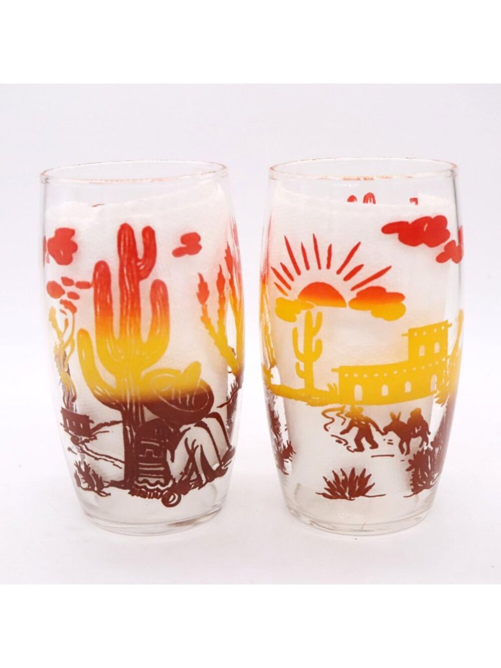 2 Vintage Ombre Southwest Barrel Glasses Retro Western Barware Sombrero Cactus